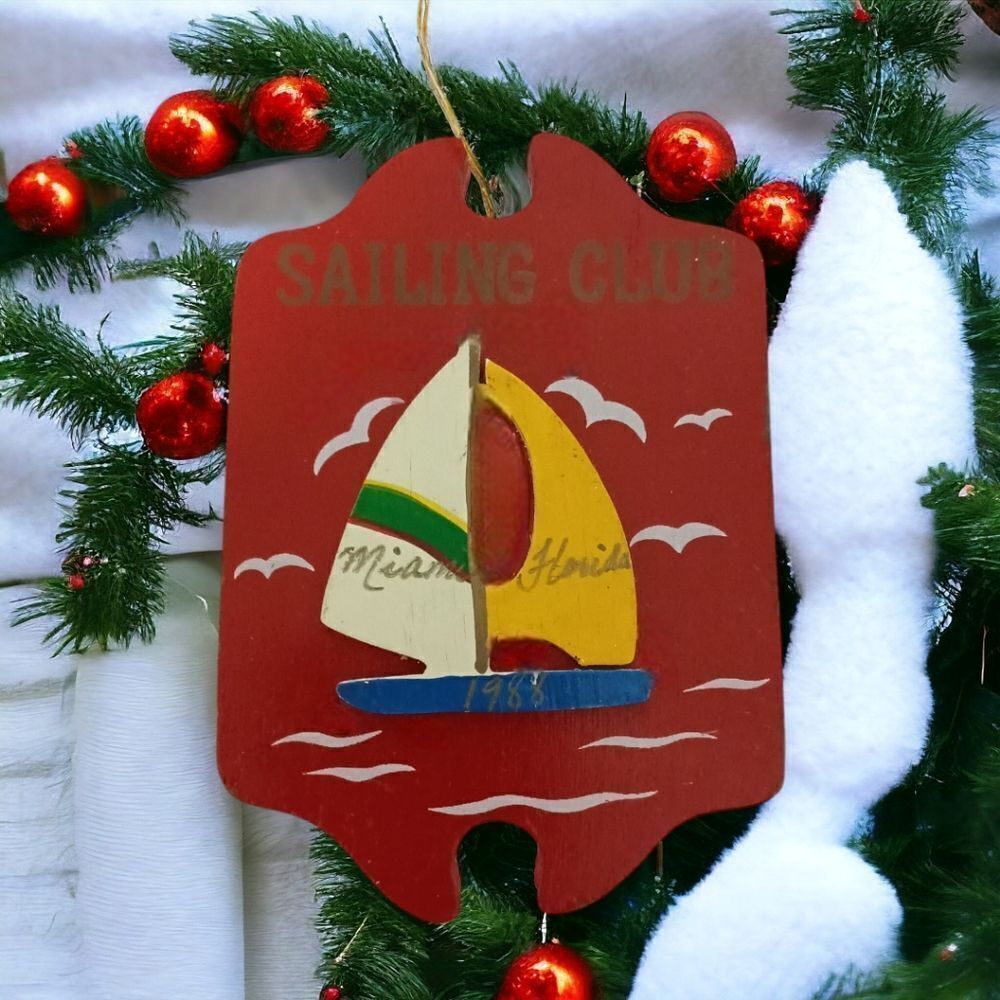 Vintage Miami Florida Ornament Christmas Wood Handpainted Sailboat‎ Seagulls